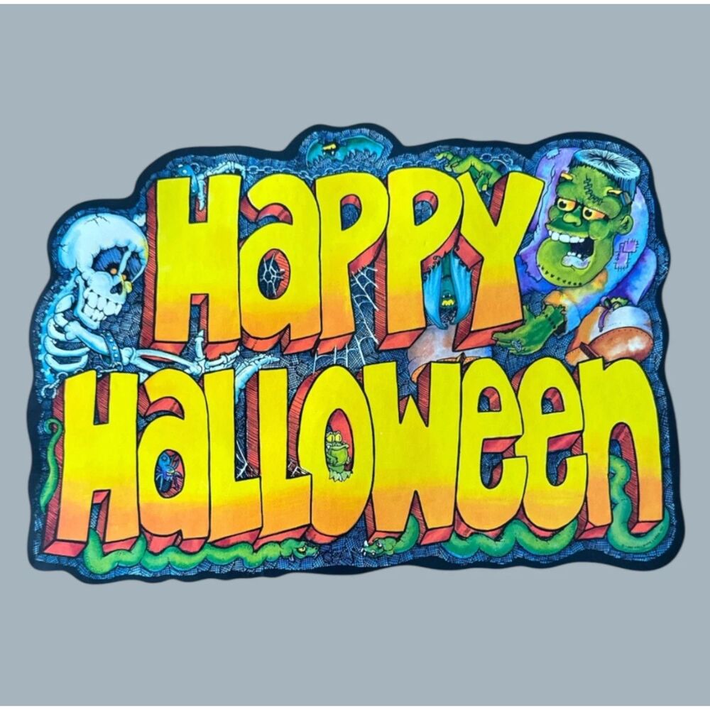 Vintage Halloween HAPPY HALLOWEEN Sign Die-Cut Skeleton Monster 13"x9"